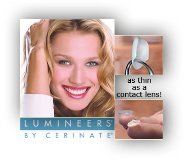 Advertisement with Lumineers including a woman smiling and a single veneer being held by a tool