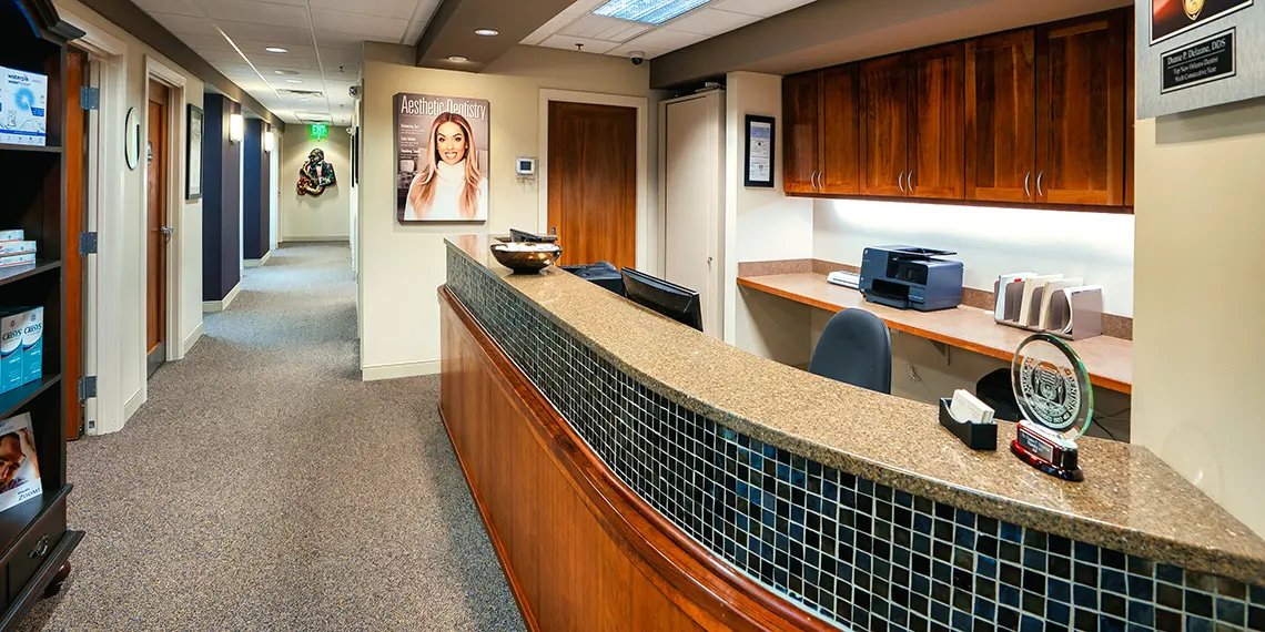 View of hallway from reception area of Delaune Dental office