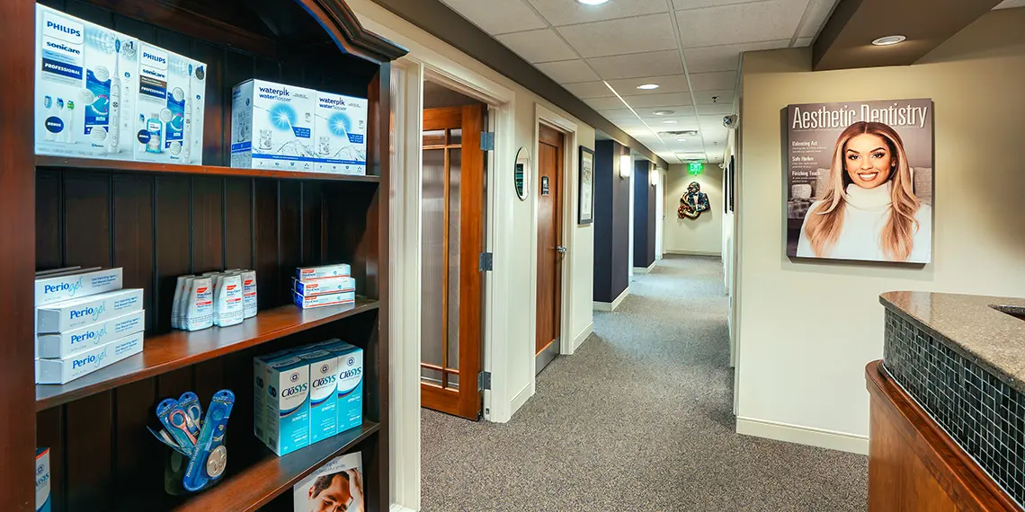 Hallway view coming from reception area at Delaune Dental office