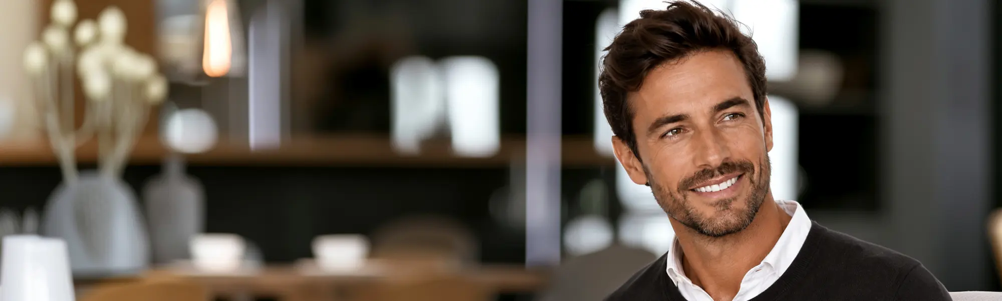 Handsome man sitting in an elegant setting with an open smile