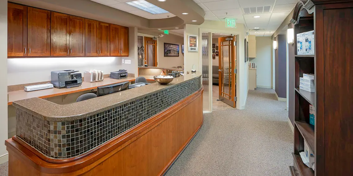 View of hallway from reception area of Delaune Dental office